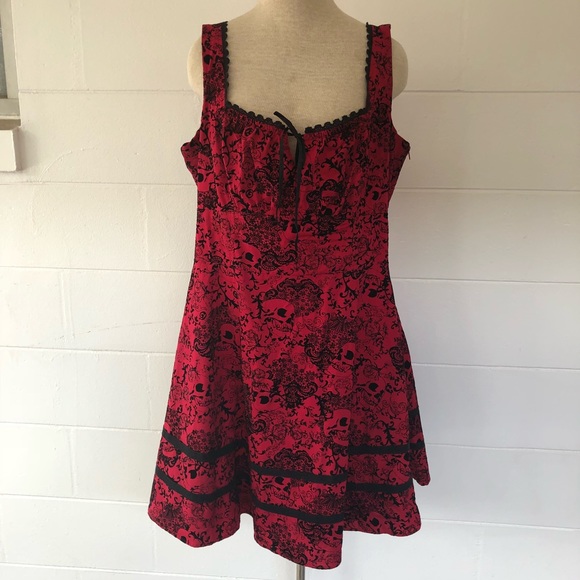 Hot Topic Dresses & Skirts - Red & Black Flocked Filigree Skull Rockabilly